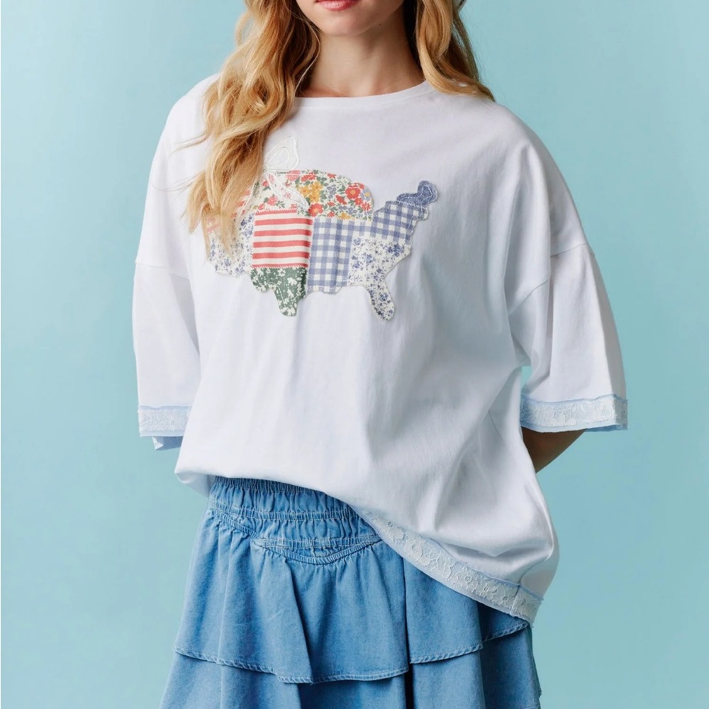 Peach Love USA Land of the Free America Oversized Patchwork Quilted Tee - Picture 8 of 12